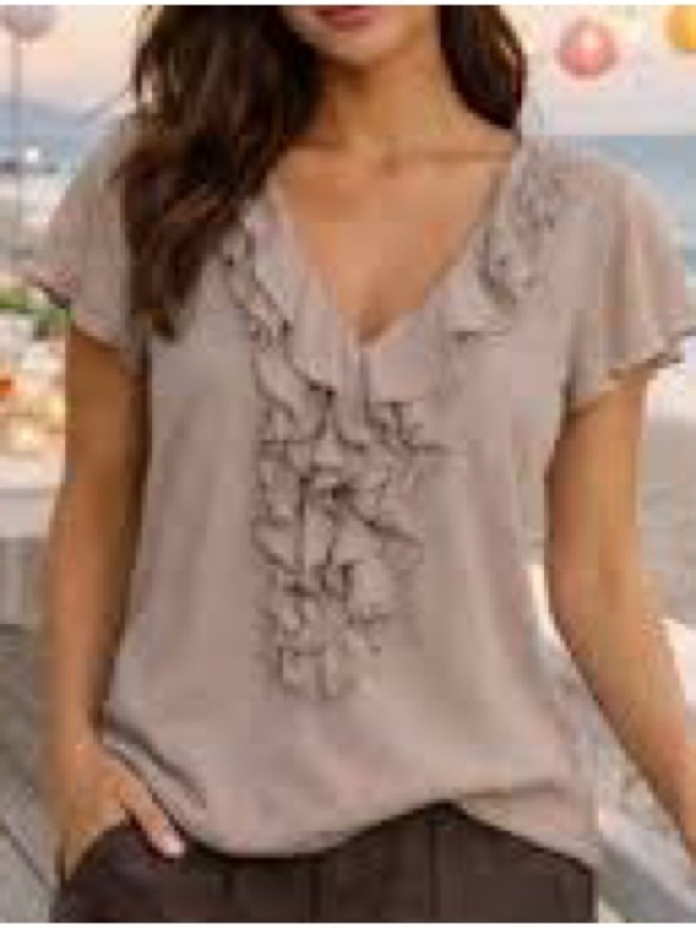 Bisou Bisou Michele Bohbot Neutral Sheer Ruffle V-Neck Blouse Puff Sleeve size M - Picture 2 of 11